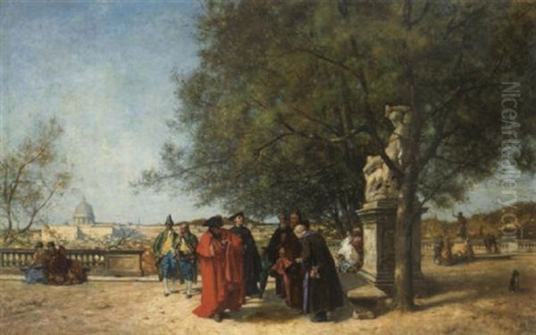 Figures On A Terrace Overlooking Rome With St. Peter's In The Distance Oil Painting by Ferdinand Heilbuth