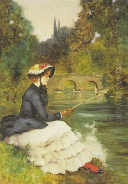 Flussufer Mit Fischerin Oil Painting by Ferdinand Heilbuth