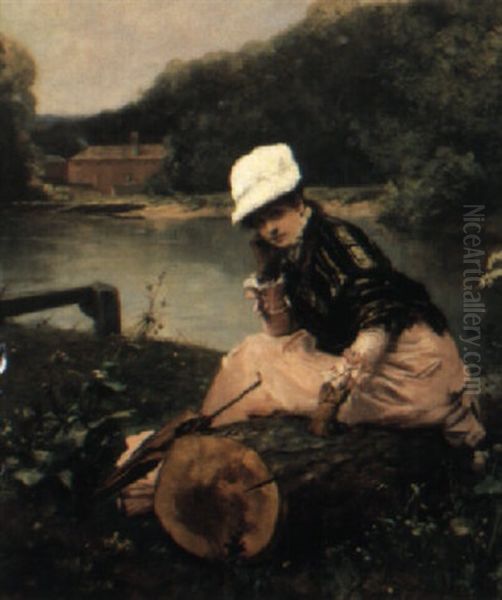 Portrait Of A Woman In Pink Gown Resting Near A River Bank Oil Painting by Ferdinand Heilbuth