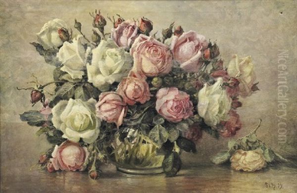 Still Life With Pink And White Roses Oil Painting by Flora Heilmann