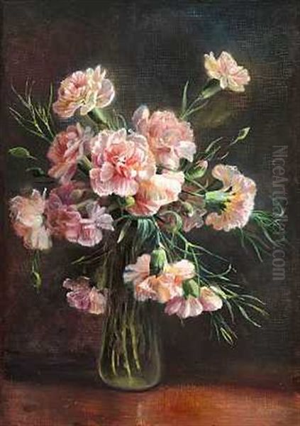 Lyserode Nelliker I En Vase Oil Painting by Flora Heilmann