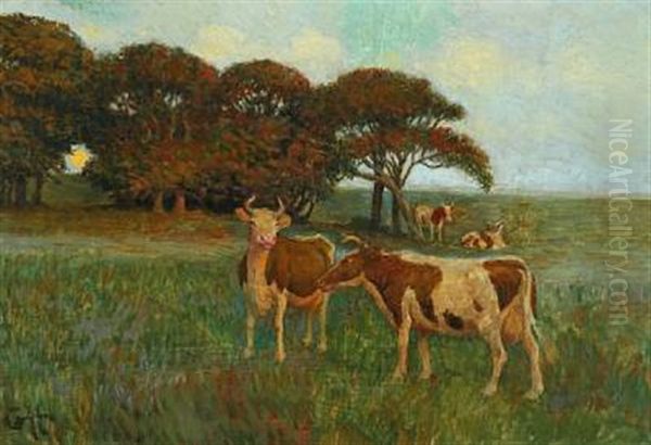 A Field With Cows And Sun Shining Through The Trees Oil Painting by Gerhard Heilmann