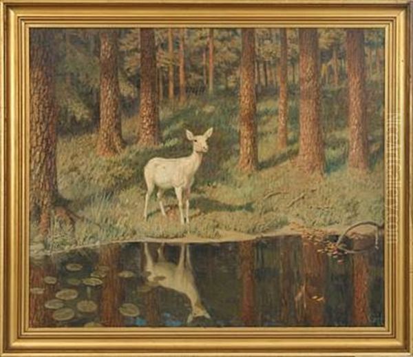 Forest Scenery With A Fawn At A Forest Lake Oil Painting by Gerhard Heilmann