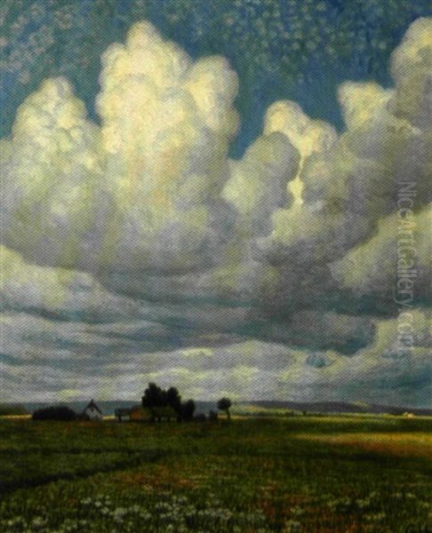 Sommerlandskab Med Udsigt Mod Garde, Hoj Himmel Oil Painting by Gerhard Heilmann