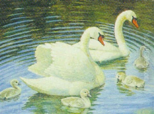 Svanefamilie Oil Painting by Gerhard Heilmann