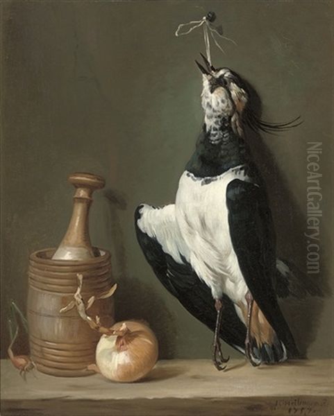 A Lapwing Suspended From A Nail With An Onion Oil Painting by Jean-Gaspard Heilmann