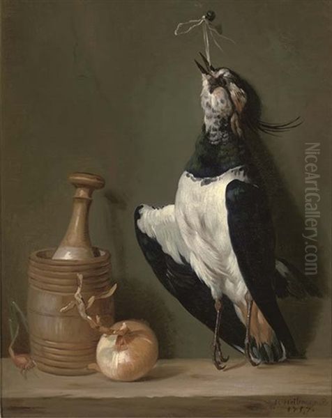 A Lapwing Suspended From A Nail With An Onion, A Shallot And A Pestle And Mortar On A Wooded Ledge Oil Painting by Jean-Gaspard Heilmann