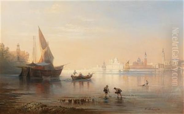 Gathering Mussels In The Venetian Lagoon Oil Painting by Karl Heilmayer