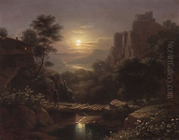 Romantische Flusslandschaft Bei Vollmond Oil Painting by Karl Heilmayer