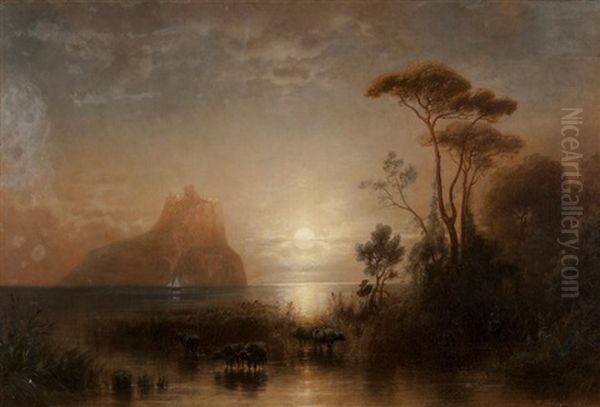 Moonlit Bay With A Castle Atop An Island In The Distance Oil Painting by Karl Heilmayer