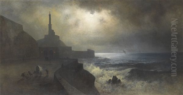 Der Sturmgepeitschte Hafen Von Genua Bei Vollmond Oil Painting by Karl Heilmayer