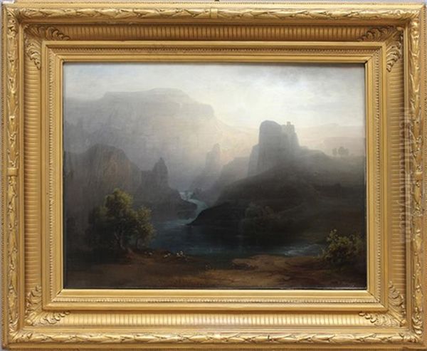 Nebelverhangene, Norditalienische Landschaft Mit Hirten Am Flusslauf Oil Painting by Karl Heilmayer