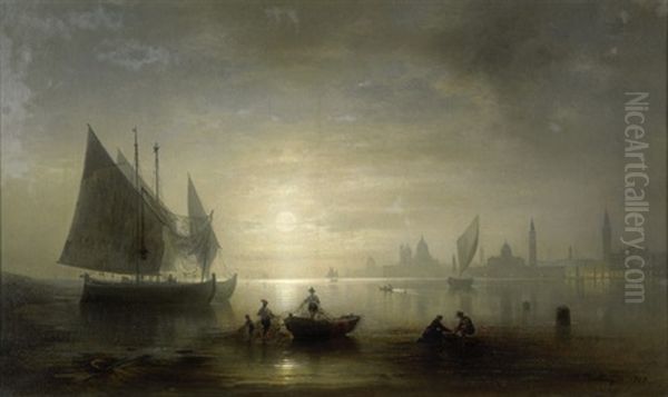 Fischerboote In Der Lagune Von Venedig Bei Vollmond, Im Hintergrund Die Silhouette Von Santa Maria Della Salute Und Der Erleuchtete Markusplatz Oil Painting by Karl Heilmayer