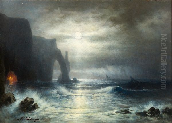 Mondnacht An Der Kuste Bei Etretat In Der Normandie Oil Painting by Karl Heilmayer