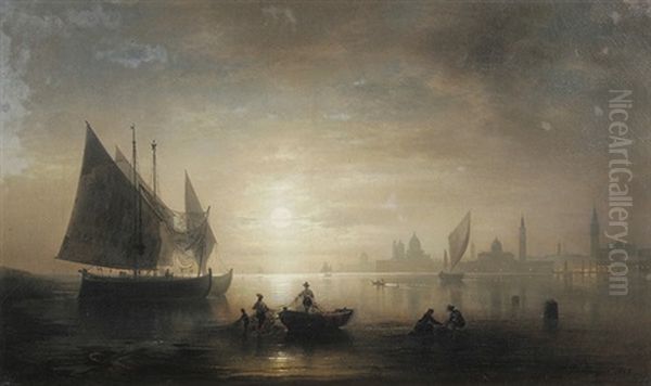 Fischerboote Vor Venedig Im Mondlicht Oil Painting by Karl Heilmayer