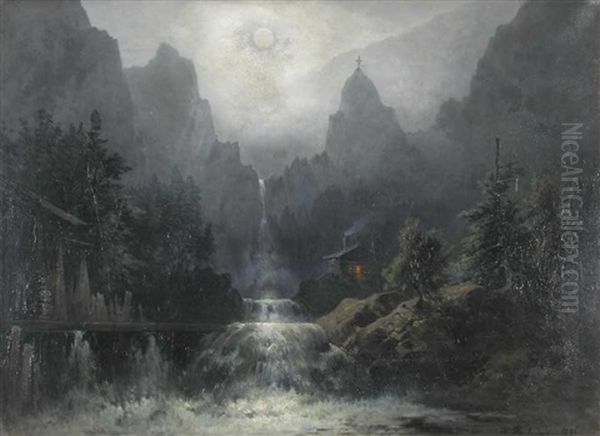 Blick Auf Einen Wasserfall Mit Hutten Bei Mondlicht Oil Painting by Karl Heilmayer