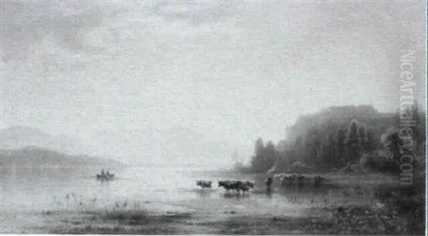 Cattle Watering At A Lake, Mountains Beyond Oil Painting by Karl Heilmayer