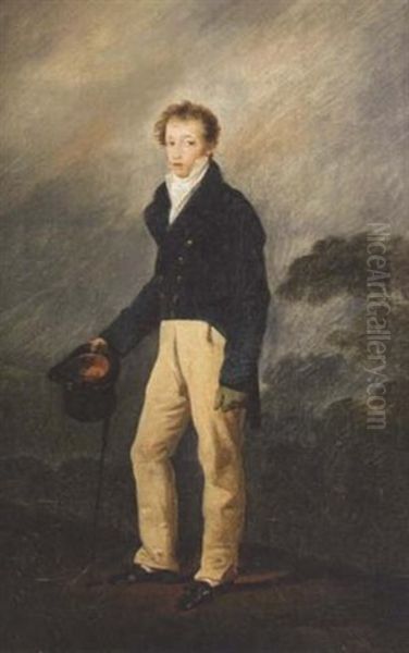 Portrait Of A Young Man Standing, Holding A Hat And Cane Oil Painting by Francois-Joseph Heim