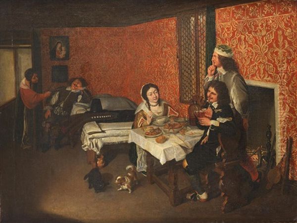 An Elegant Interior With Figures Eating And Drinking, A Sleeping Man Being Woken By A Maid Beyond Oil Painting by Wolfgang Heimbach