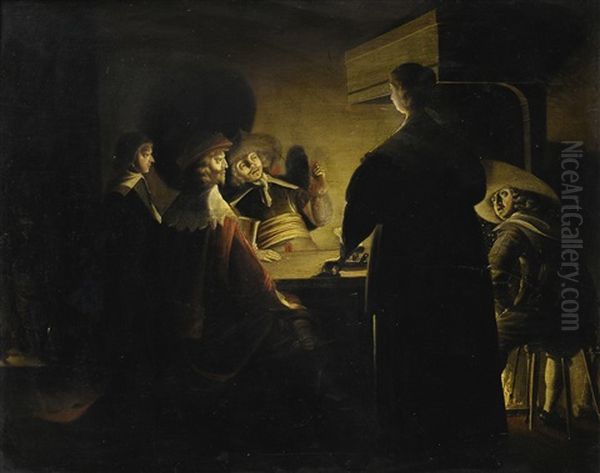 Tavern Scene Lit By Candles Oil Painting by Wolfgang Heimbach