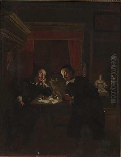 Two Men Reading A Letter By Candlelight At Night, An Amourous Couple In The Background In Another Room, Partially Covered By A Curtain by Wolfgang Heimbach