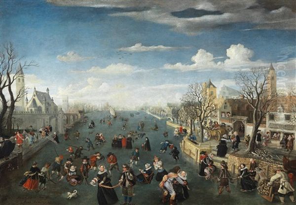 A Winter Landscape With Ice Skaters On A River Oil Painting by Wolfgang Heimbach