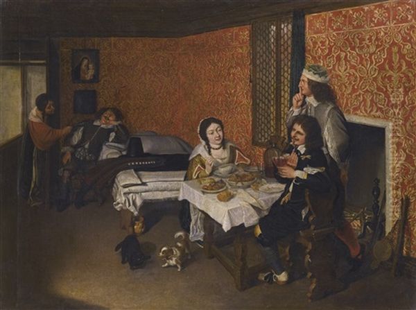 Interior Of A House With A Woman And Two Men Eating At A Table, A Sleeping Man Beside A Bed Being Woken By A Maid Beyond Oil Painting by Wolfgang Heimbach