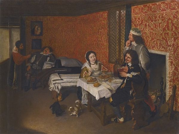 Interior Of A House With A Woman And Two Men Eating At A Table, A Sleeping Man Beside A Bed Being Woken By A Maid Beyond Oil Painting by Wolfgang Heimbach