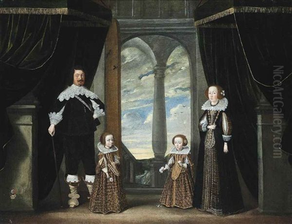 Group Portrait Of An Aristocratic Family, Full-length, Before A Draped Curtain, In An Interior, A Park Landscape Beyond Oil Painting by Wolfgang Heimbach