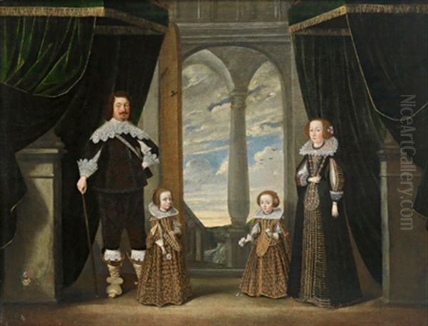 Portrat Einer Familie In Einen Palast Mit Blick Durch Einen Portikus Auf Den Bewolkten Himmel Oil Painting by Wolfgang Heimbach