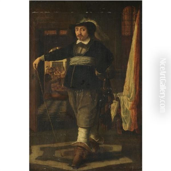 Portrait Of A Cavalier, In An Interior With Soldiers Loading Their Guns Beyond Oil Painting by Wolfgang Heimbach