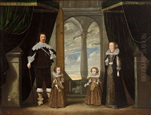 Portrat Einer Familie In Einem Palast Mit Blick Durch Einen Portikus Auf Den Bewolkten Himmel Oil Painting by Wolfgang Heimbach