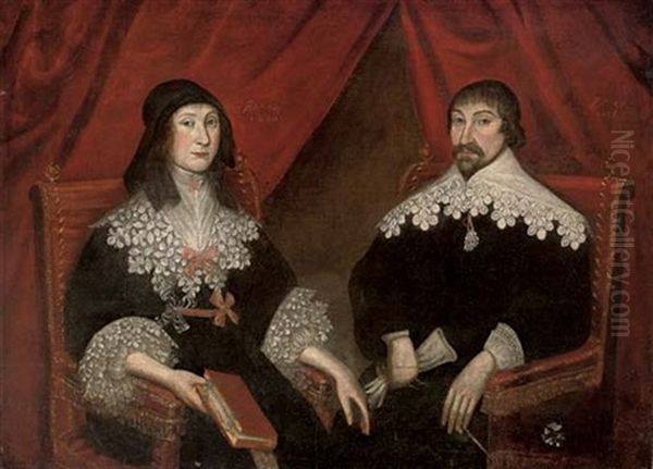 Double Portrait Of A Husband And Wife, He Holding A Glove And She Holding A Book Oil Painting by Wolfgang Heimbach