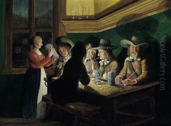 Zechende Und Rauchende Herrenrunde Bei Kerzenschein In Einer Wirtsstube, Bedient Von Einer Schenkmagd Oil Painting by Wolfgang Heimbach