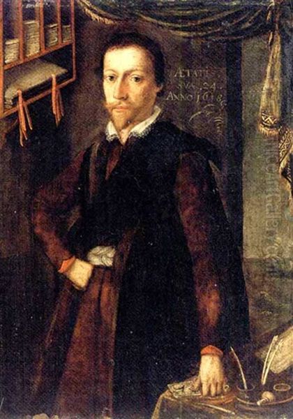 Portrait Of A Gentleman, Aged Twenty-four, In A Study, A Ship Beyond Oil Painting by Wolfgang Heimbach