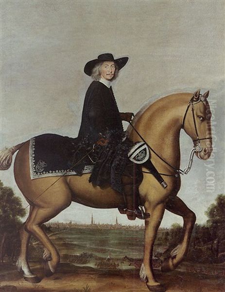 An Equestrian Portrait Of Prince Bishop Christoph Bernhard Von Galen (bommen Berend?) Before The City Of Groningen Oil Painting by Wolfgang Heimbach