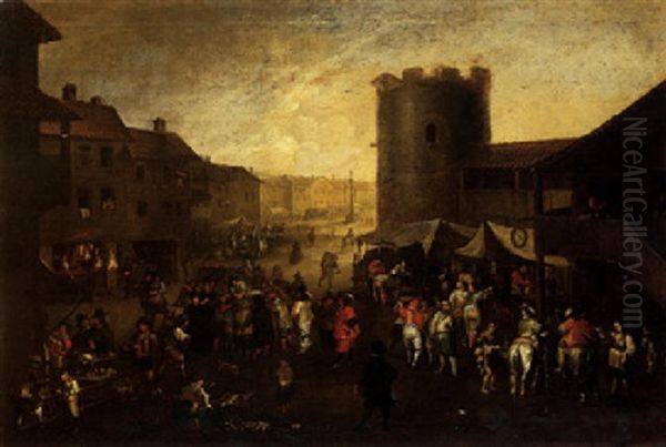 A Market Scene In A Town With A Piazza Beyond Oil Painting by Wolfgang Heimbach