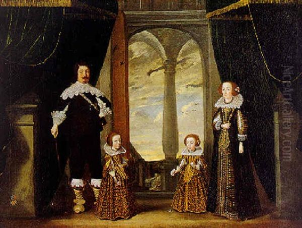 Portrait Of A Nobleman And His Wife And Their Two Daughters In An Interior Oil Painting by Wolfgang Heimbach