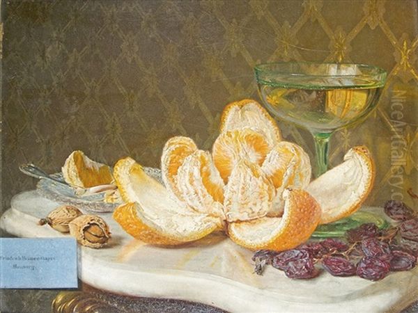 Still Life With Orange, Wine Glass And Trompe-l'oeil Elements Oil Painting by Friedrich Heimerdinger