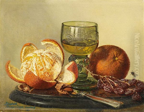 Stillleben - Auf Einem Marmorteller Orange, Rosinen Und Ein Glas Wein Oil Painting by Friedrich Heimerdinger