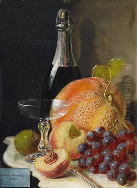 Still Life With Melon And Peaches And Champagne Bottle Oil Painting by Friedrich Heimerdinger