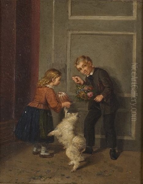 Geschwisterpaar Mit Geschenken Und Hund (+ Grosmutterliebe; 2 Works) Oil Painting by Friedrich Heimerdinger