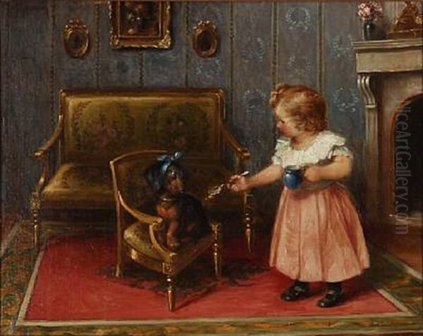 Interior With A Little Girl Feeding Her Dog Oil Painting by Josef Heimerl