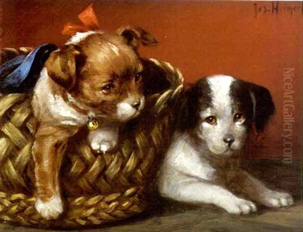 Zwei Hundekinder Oil Painting by Josef Heimerl