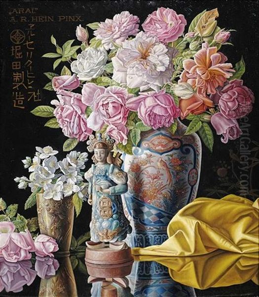 Arai. Stilleben Mit Blumen In Asiatischen Vasen Und Einer Figurine Auf Lacktisch Oil Painting by Alois Raimund Hein