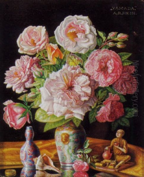 Stilleben Mit Rosen Und Asiatischem Dekor Vor Dunklem Hintergrund Oil Painting by Alois Raimund Hein