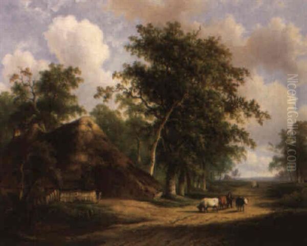 A Summer Landscape With A Hersman And Cattle On A Country Road Oil Painting by Christianus Hendricus Hein