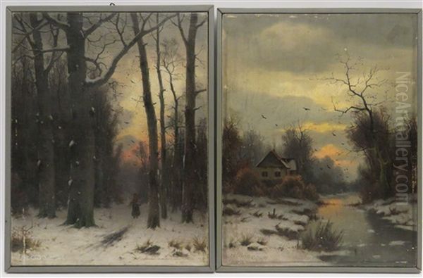 2 Bilder : A) Reisigsammlerin, B) Winterabend Oil Painting by Eduard Hein