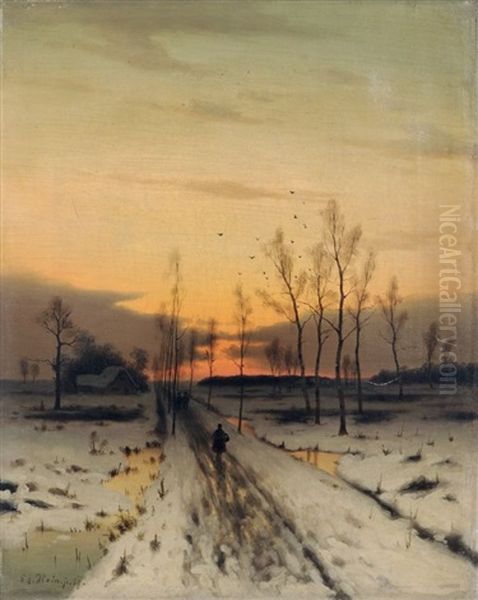 Spazierganger In Einer Abendlichen Winterlandschaft Oil Painting by Eduard Hein