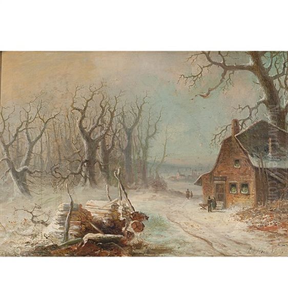 Verschneite Landschaft Mit Haus Und Figurenstaffage Oil Painting by Eduard Hein